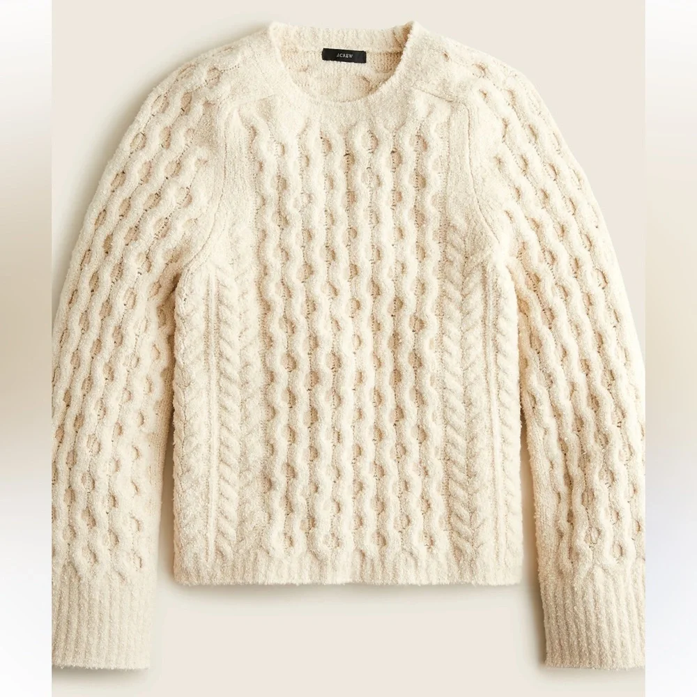 J.Crew Women's Cotton Blend Bouclé‎ Cable Knit Crew Neck Pullover Sweater